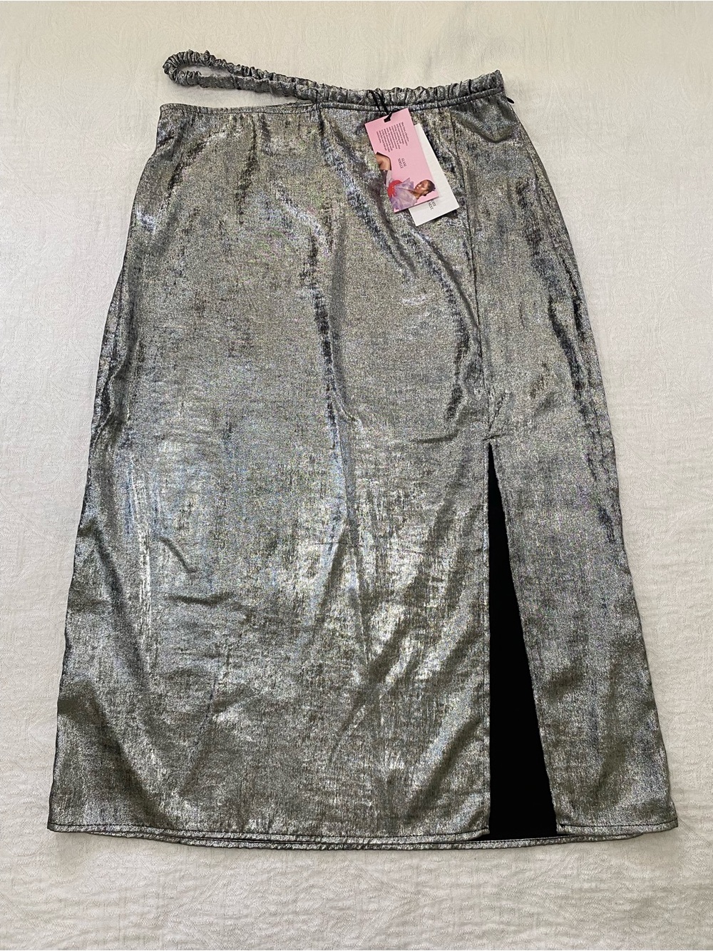 Future Collective Alani Noelle Sz 12 Metallic Silver Midi Skirt Cut Out NWT